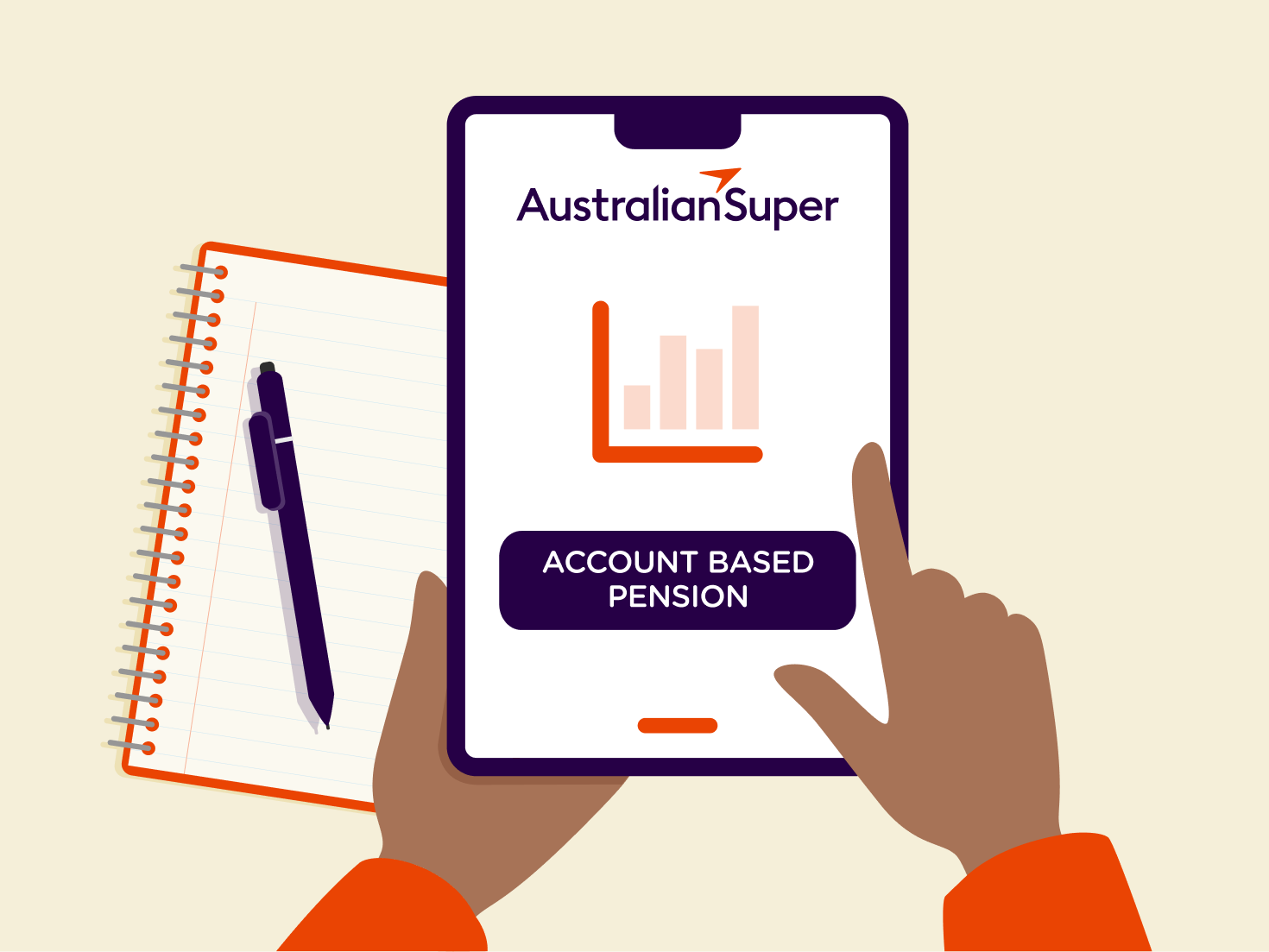 A hand hovers over a digital tablet, considering the benefits of an account based pension A hand hovers over a digital tablet, considering the benefits of an account based pension